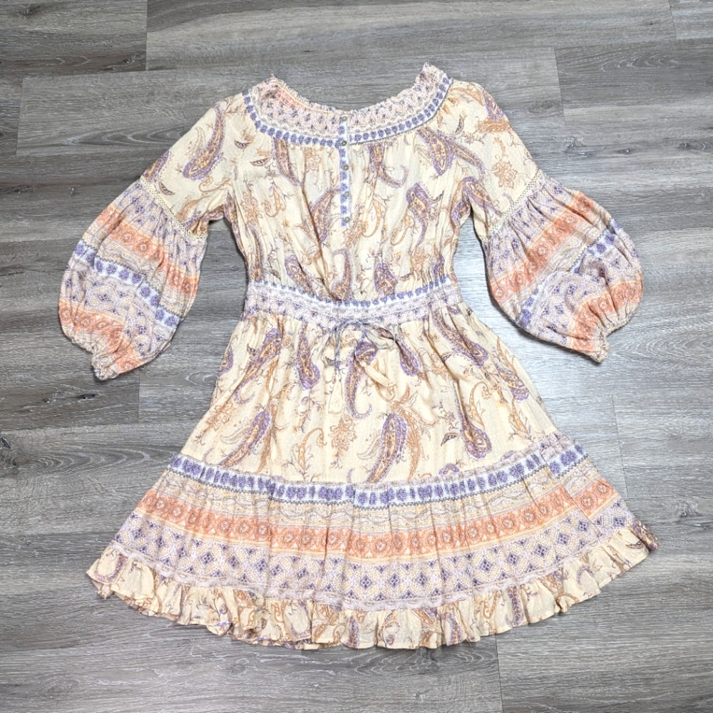 NWT Versona Muted Boho Peasant Dress Size L Bishop Sleeve Ruffle